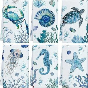 Sea Life Kitchen Towels Turtle Sea Horse Star Fish Jellyfish Cotton 6pc Gift NEW